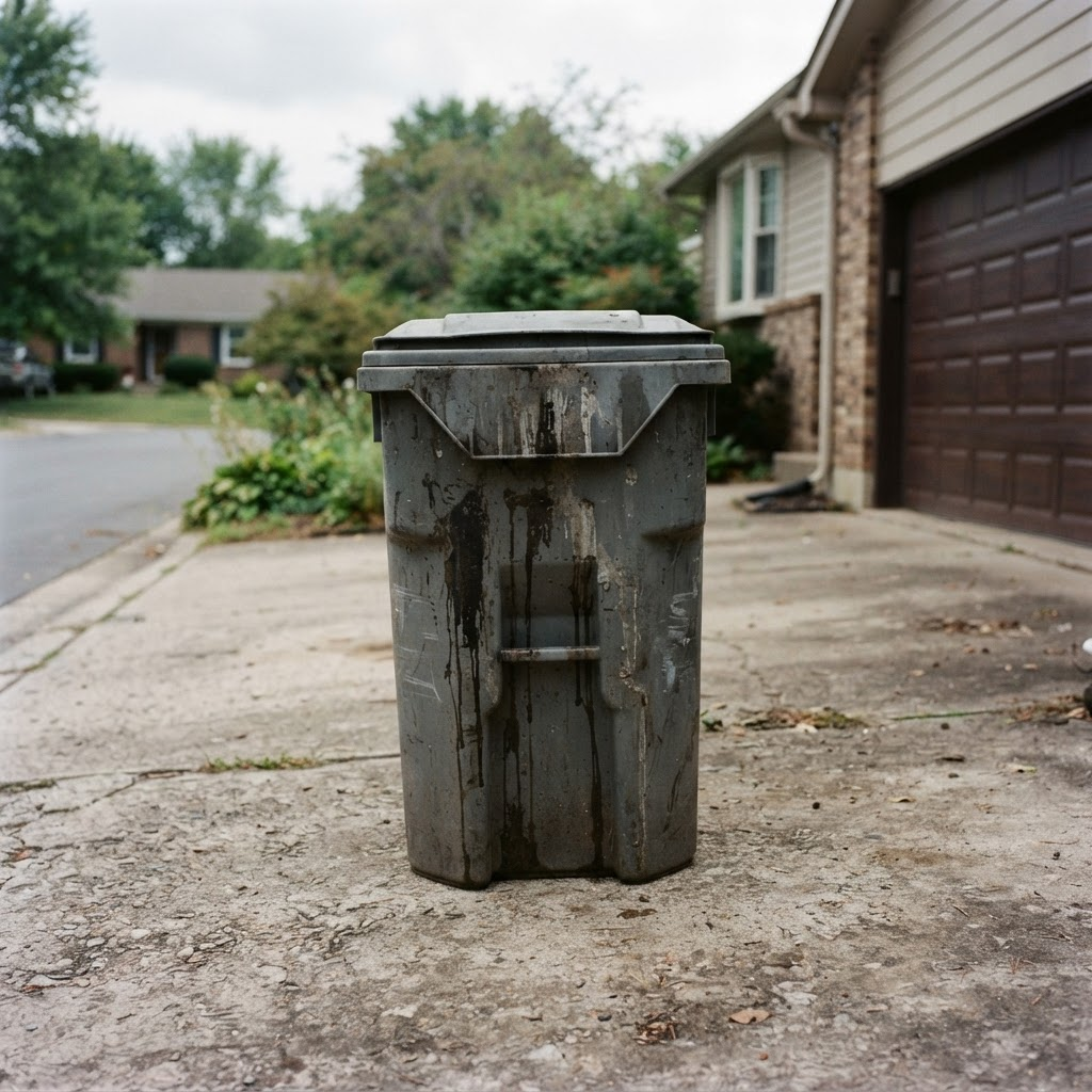 Trash bin before cleaning — dirty and stained