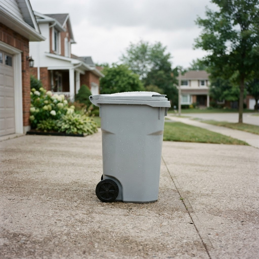A freshly cleaned residential trash bin glistening on a driveway