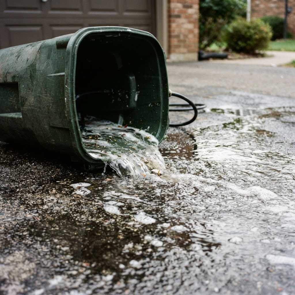 Pressurized hot water cleaning the inside of a trash bin